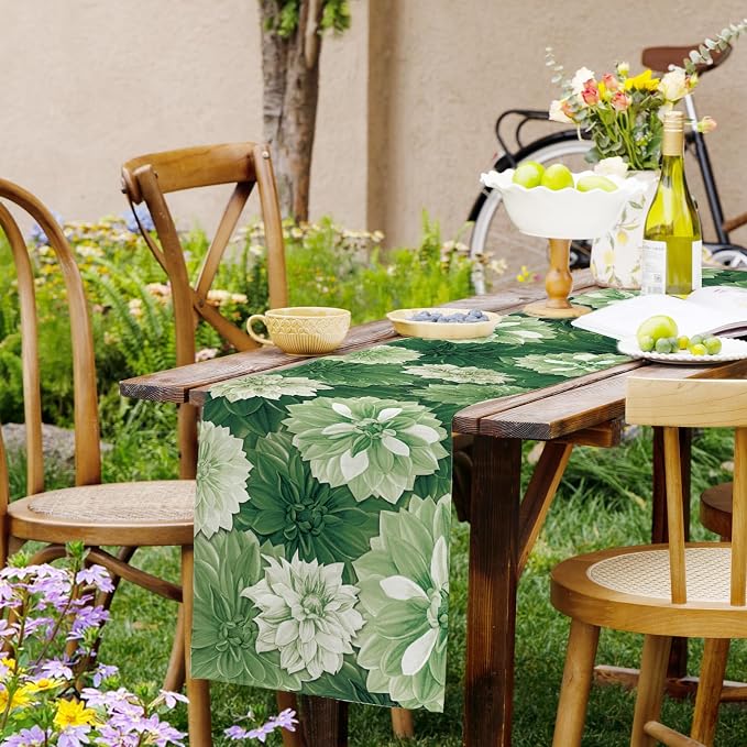 Green Dahlia Flower Summer Table Runner Sage Green Burlap Table Runners - Image 9