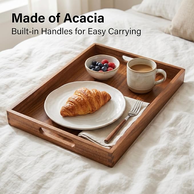 17 x 12 Inch Acacia Wood Serving Tray, Decorative Serving Platter - Image 5