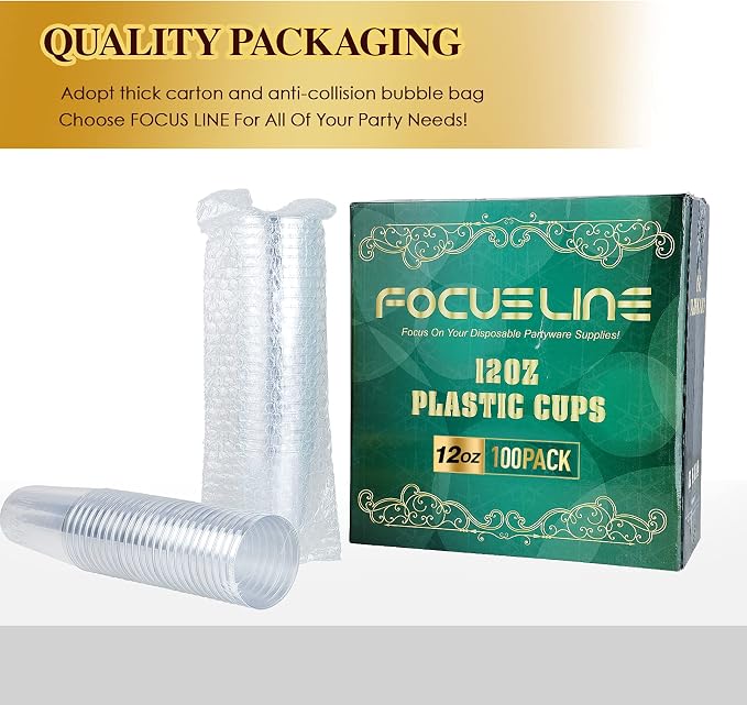 FOCUSLINE 100 Count 12 oz Clear Plastic Cups | Disposable Heavy Duty Hard - Image 7
