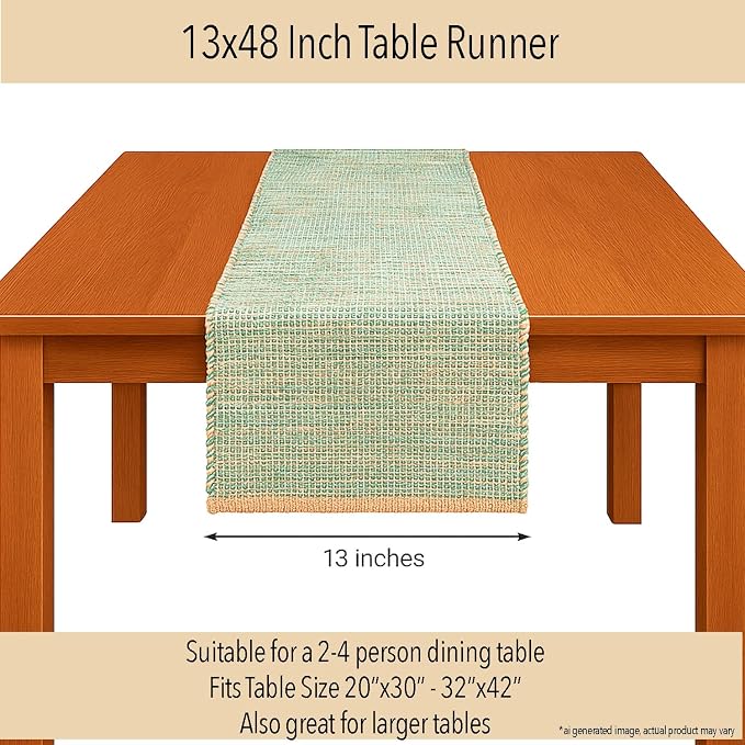 Natural Jute Table Runner, 13x48 Inch, Sage Green-White | Vintage Boho Rustic - Image 4