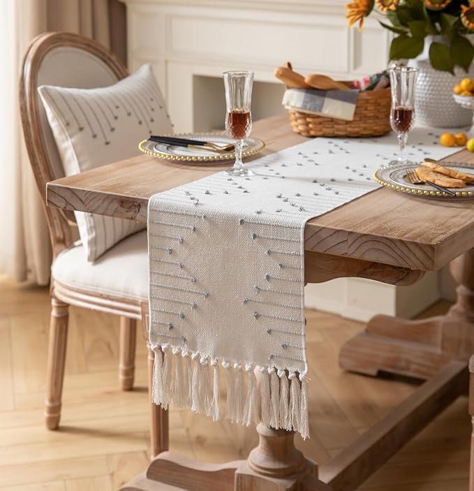 Boho Table Runner 13 x 48 Inch Long Natural Cotton Woven Runner - Image 2