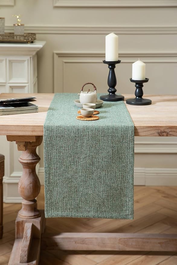 Burlap Style Farmhouse Table Runner, 14x72 Inches Mineral Green | Thick Durable - Image 2