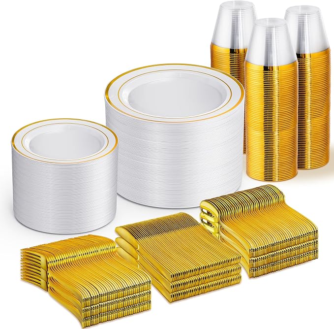 WELLIFE 600 PCS Gold & White Disposable Dinnerware Set by WELLIFE