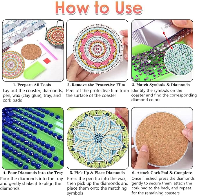 Benjenes 8 PCS Mandala Diamond Art Coasters Kits | Diamond Paintings Coasters - Image 3