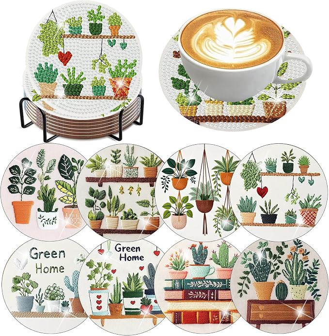 8 PCS Plant Diamond Art Coasters Kits | Diamond Paintings Coasters by Benjenes