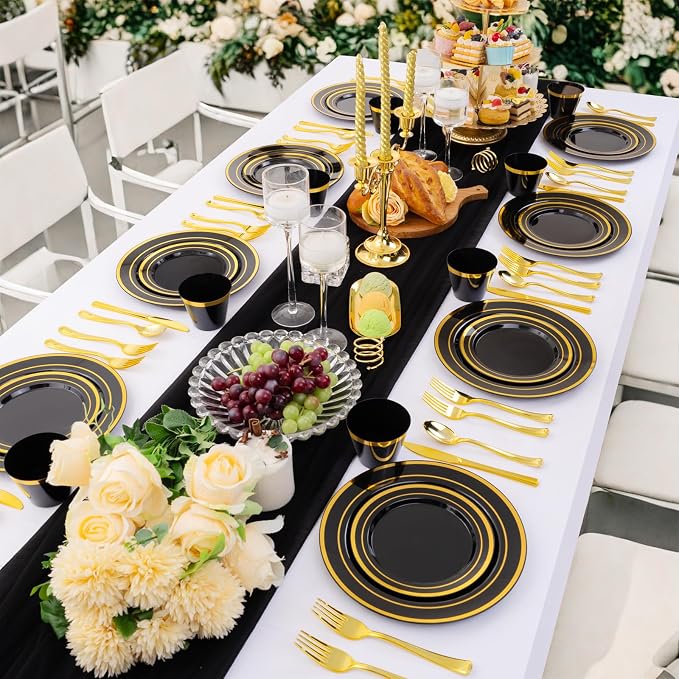 WELLIFE Black and Gold Plates, Plastic Dinnerware Set - Image 5