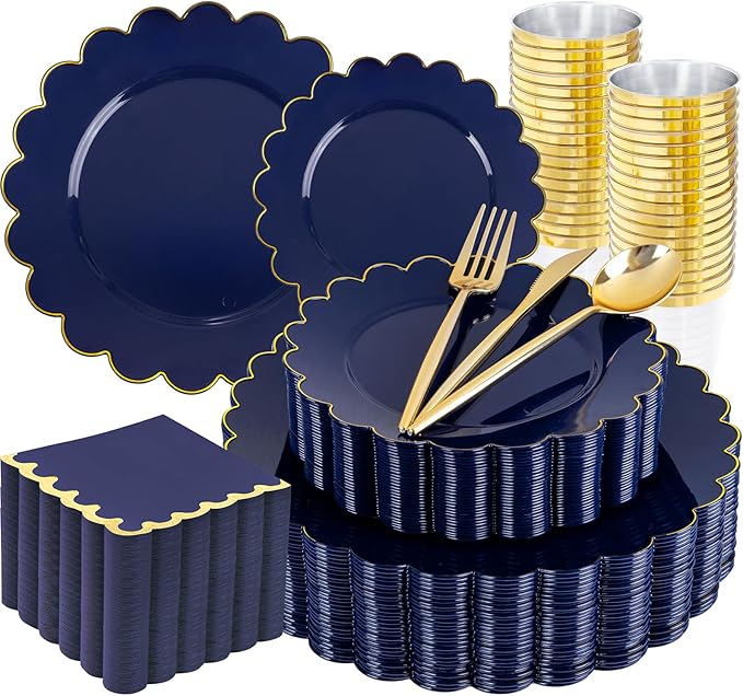 LIYH 210pcs Navy Blue & Gold Scalloped Plastic Plates, Premium Dinnerware | by LIYHLoveinyourheart
