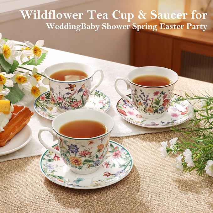 Tea Cups and Saucers, 8 OZ Wildflower Porcelain Tea Cup - Image 2