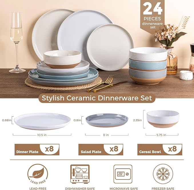 AmorArc Dinnerware Sets for 8, 24 Pieces Ceramic Plates and Bowls Set | Scratch - Image 3
