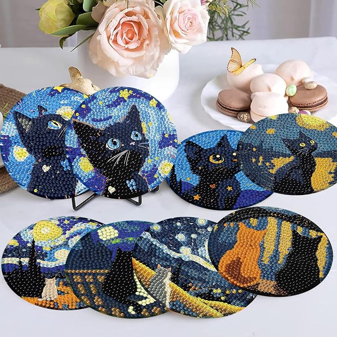 Ekuxom 8 Pcs Cat Diamond Art Coasters Kits - Image 2