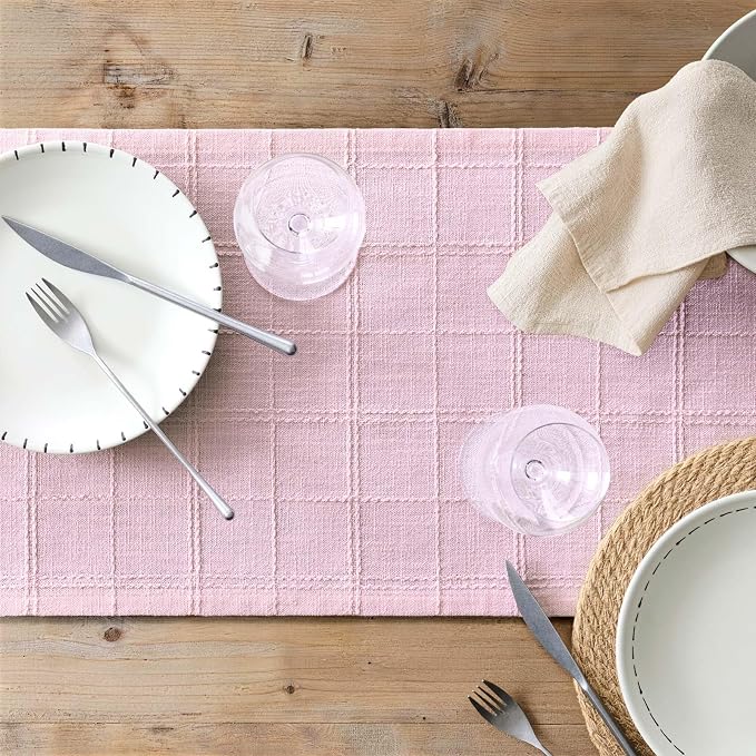 Linen Checked Farmhouse Table Runner, 13x90 Inches Pink | Raised Grid Design - Image 7