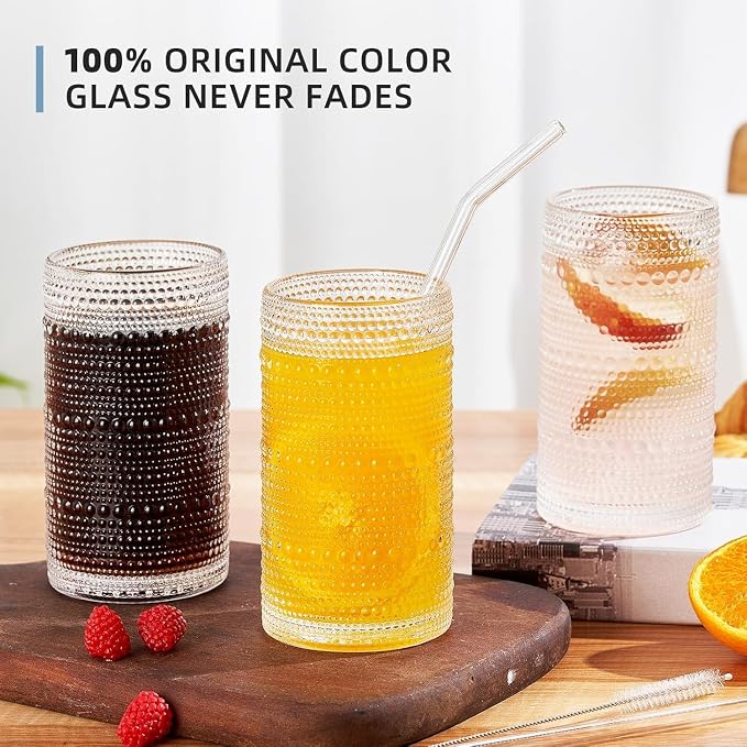 16oz Hobnail Drinking Glasses Set of 6, Vintage Large Capacity Embossed Clear - Image 5