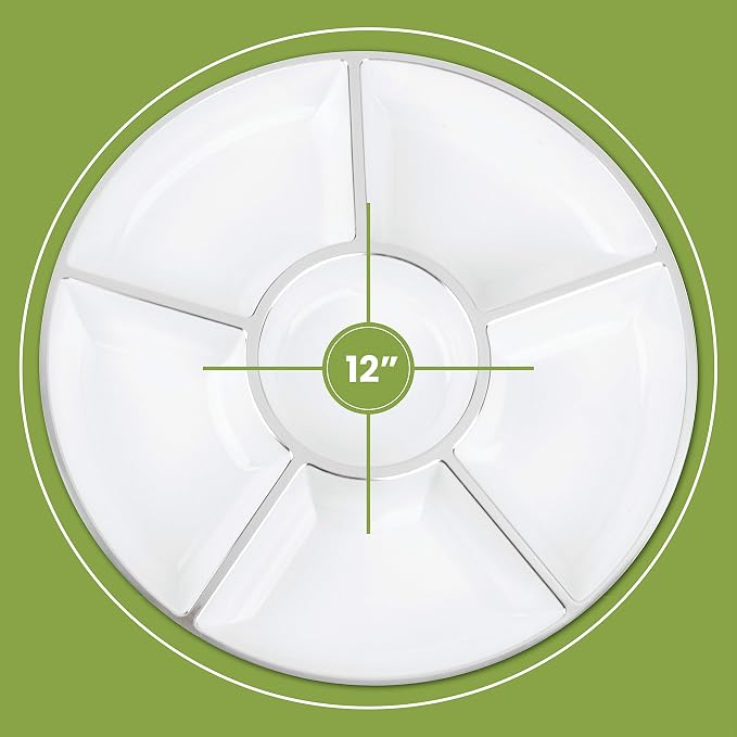 6 Sectional Round Plastic Serving Tray/Platters White W Silver Rim Pack of 2 - Image 4