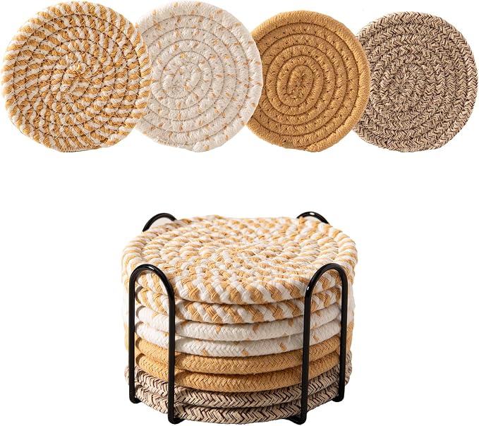 Drink Coasters Set of 8 with Holder, Cotton Woven | Absorbent cotton woven by Unknown