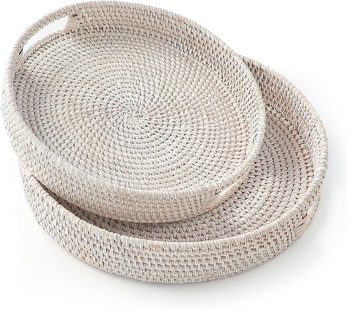 HITOMEN Hand-Woven Round Rattan Serving Tray Decorative Ottoman Wicker Platter by HITOMEN