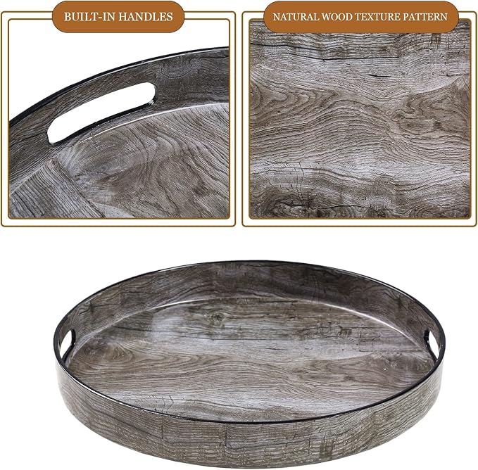 13" Round Decorative Tray, Faux Wood Serving Tray - Image 3