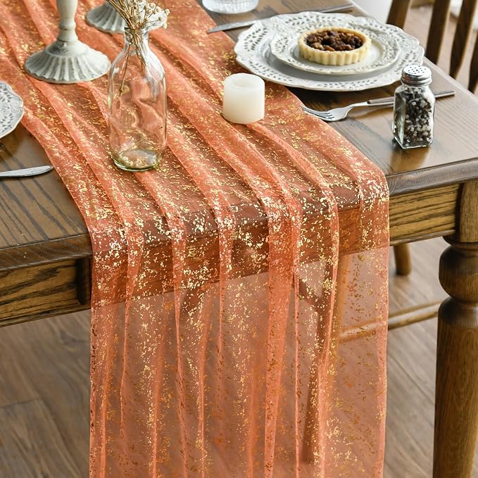 Artoid Mode 3PCS Orange Gold Gauze Table Runner 120 Inch 10FT, Glitter Metallic by ArtoidMode