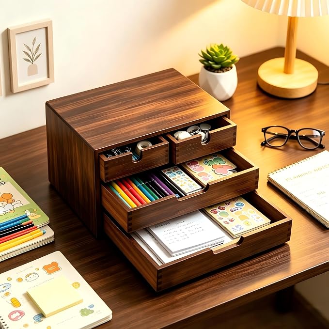 Bamboo Desk Organizer, 100% Natural Bamboo Desktop Drawer Organizer, Dark Brown - Image 6