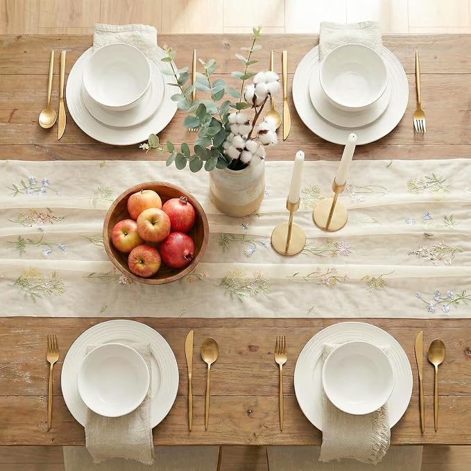 Artoid Mode 6PC Wildflower Floral Beige Apricot Gauze Embroidery Table Runner - Image 5