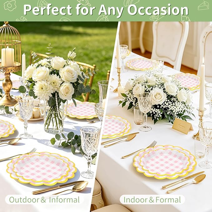 50 Pcs Pink Gingham Paper Plates Disposable, Dessert Cake Plates, - Image 7