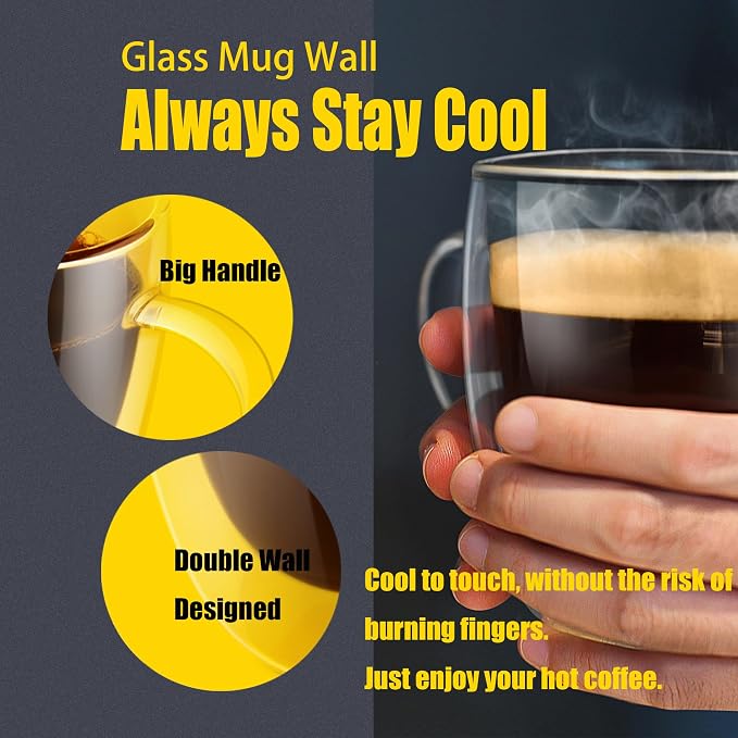 PunPun 8.5oz/250ml Espresso Cups, Double Wall Insulated Glass Cups - Image 3