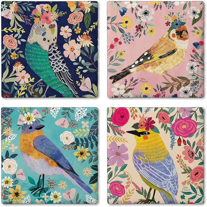 Thirstystone Floral Birds 4 Pack Assorted Tumbled Tile Stone Coasters | 4" by CounterArt