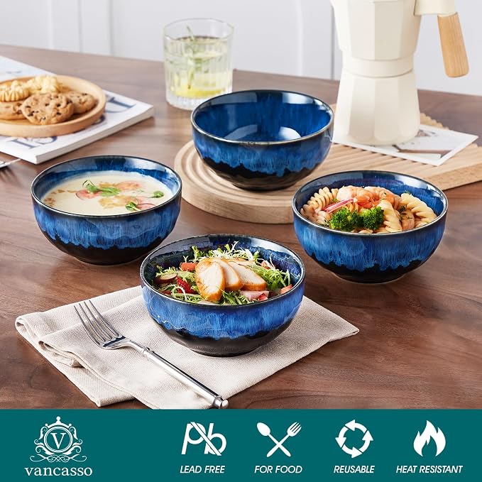 vancasso Starry 24oz Bowls for Soup, Ceramic Blue bowls Set of 4 | Deep Bowls - Image 3
