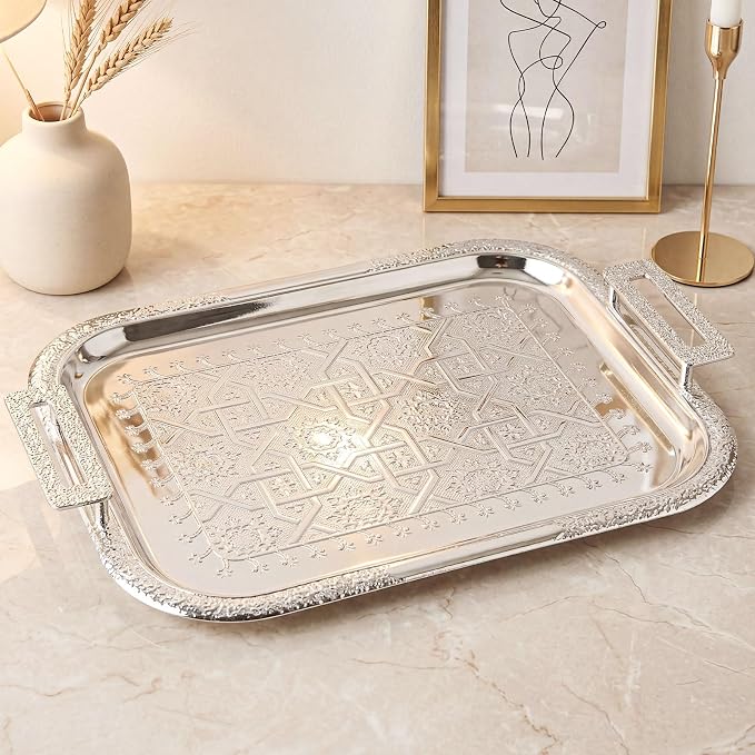 4 Pack Serving Tray with Handles 15.16 x 11.92 Inch Large Metal Plate Floral - Image 2
