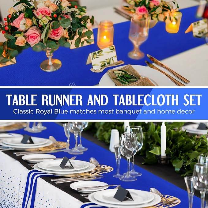 24 Pack Royal Blue Disposable Plastic Tablecloths and Satin Table Runner Set - Image 5