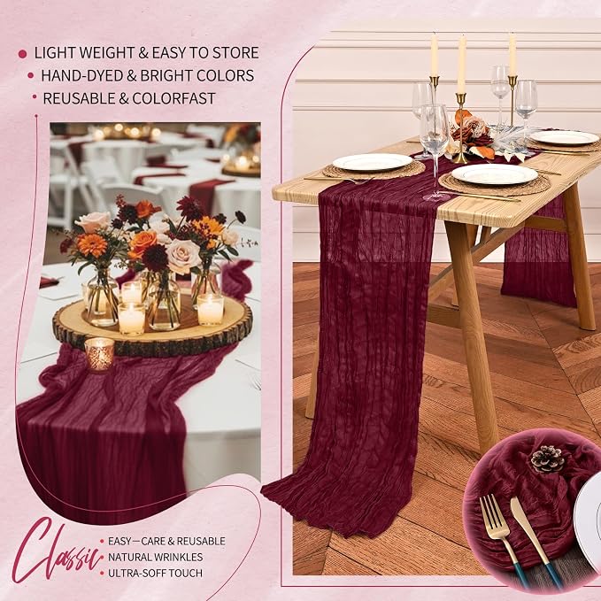 30 Pack Cheesecloth Table Runner 10FT Burgundy Red Table Runner Boho Gauze - Image 5