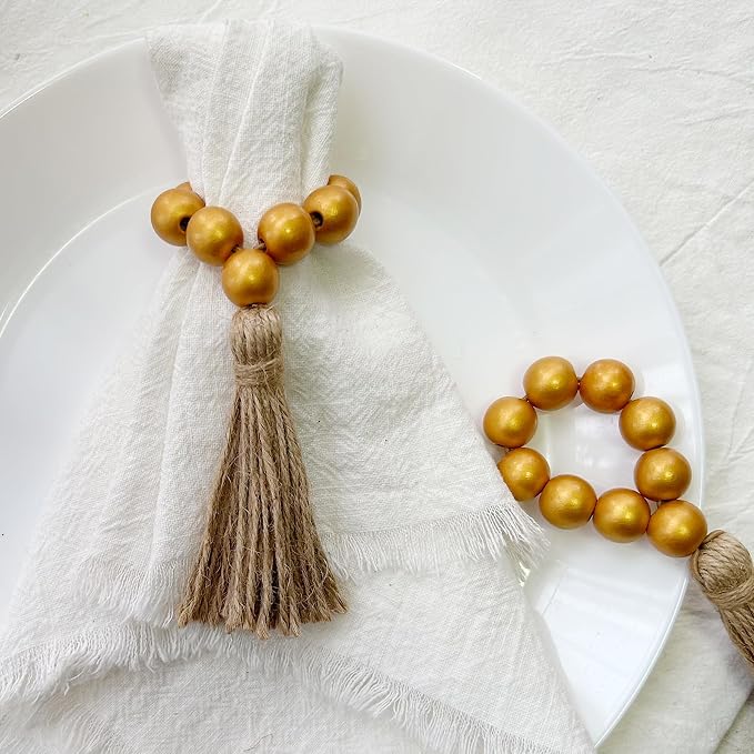 Napkin Rings Set of 12, Wooden Bead Elastic Tassel Napkin Ring | Tassel Napkin - Image 2