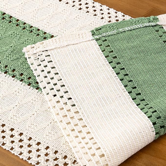 Ivory & Sage Boho Table Runner Macrame Woven Table Runner 12x72 Inch | Small - Image 5