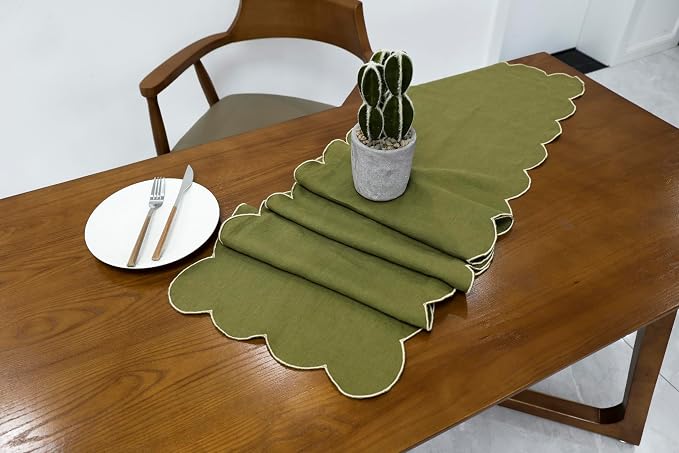 100% Natural Linen Rustic Scalloped Embroidery Table Runner 72 Inches Long - Image 5