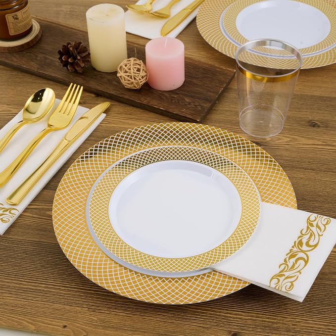 FOCUSLINE Gold Plastic Plates Set of 102, Disposable Plates - Image 3