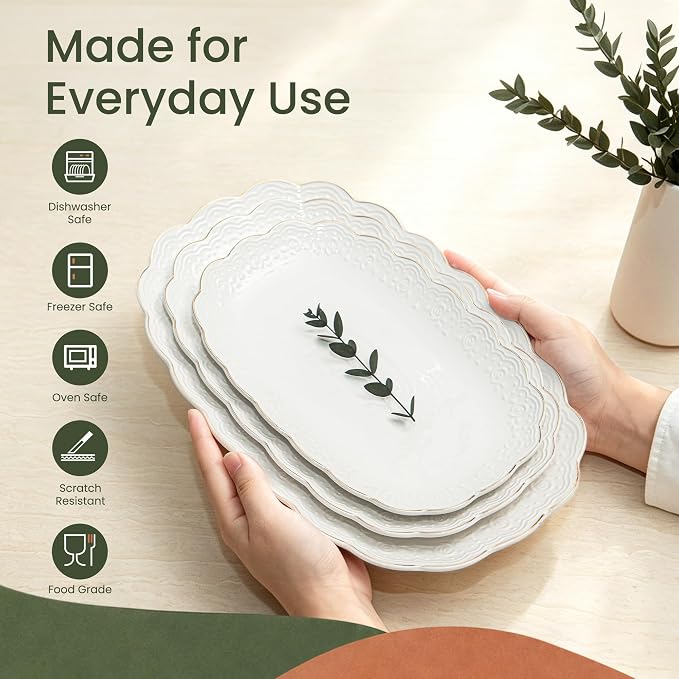 Kassel Ceramic Serving Platter Set | 14”/12”/10” Oval Serving Trays - Image 3