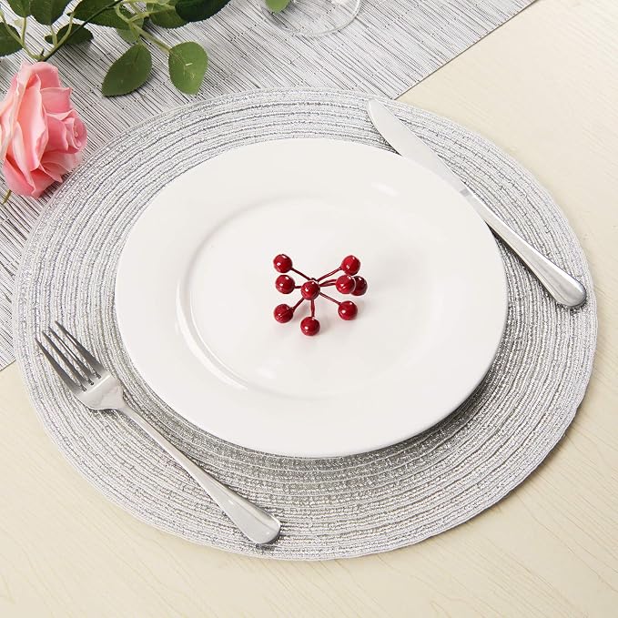 SHACOS Silver Glitter Round Placemats Set of 6 Sparkle Bling Place Mats Glitz - Image 5