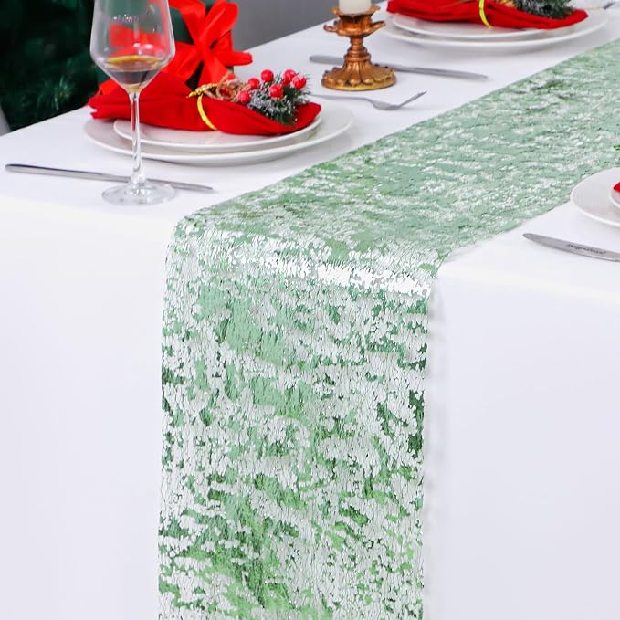 Snowkingdom Sage Green Table Runner, Sequin Glitter Foil Metallic Sage Green - Image 2