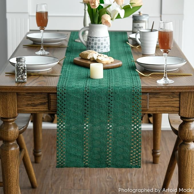 Artoid Mode Dark Green Woven Farmhouse Hollow Table Runner 12x120 Inch | - Image 2