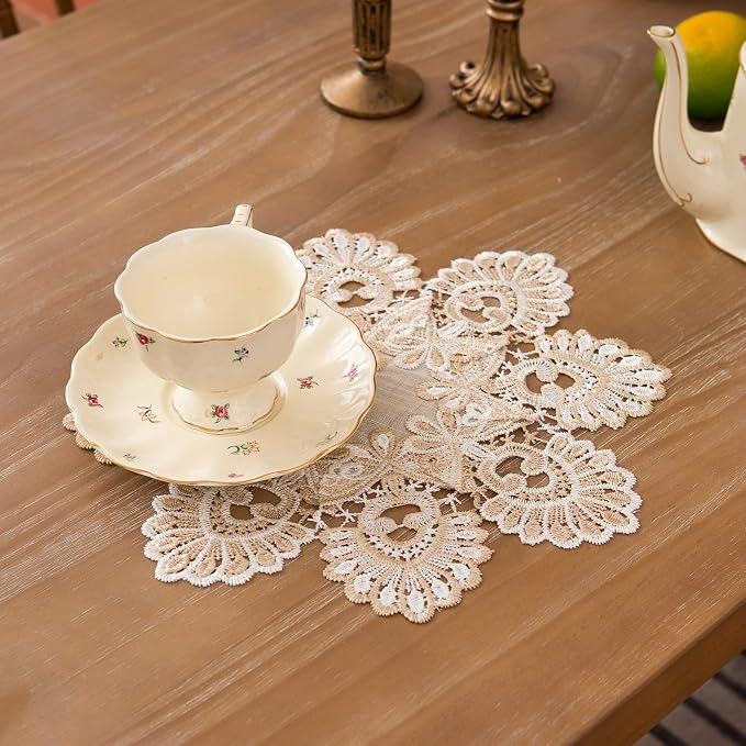 European Antique Jacquard Lace Table Doilies, Small Farmhouse Linen Embroidered - Image 3