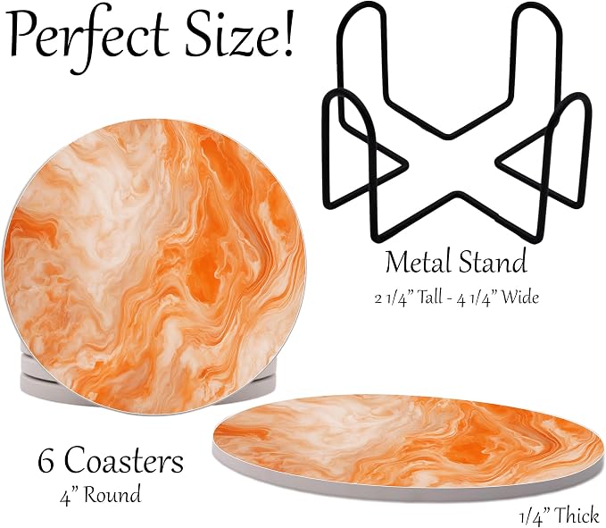 Orange and White Marble Round Coasters Set of 6 - Image 2