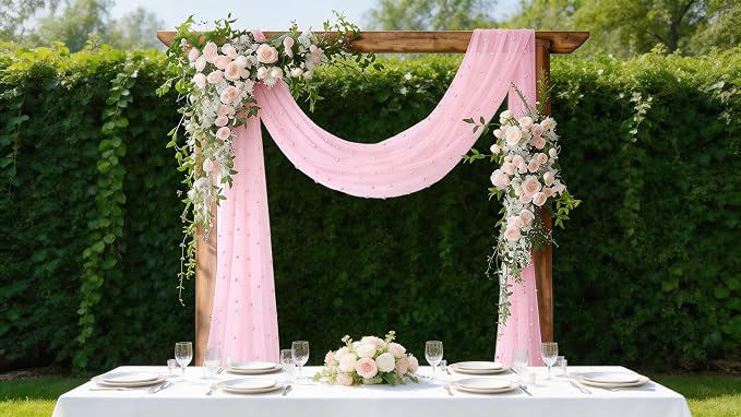 Pearl Table Runner Gauze Sheer 19FT Wedding Draping Fabric Decor | Pink Summer - Image 3