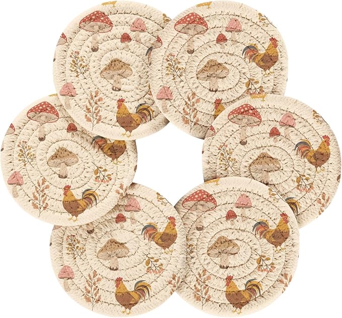 Fall Rooster Mushroom Beige Print Coasters - Image 2