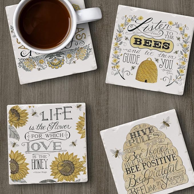 Thirstystone Honey Bees 4 Pack Assorted Tumbled Tile Stone Coasters | 4" Square - Image 6