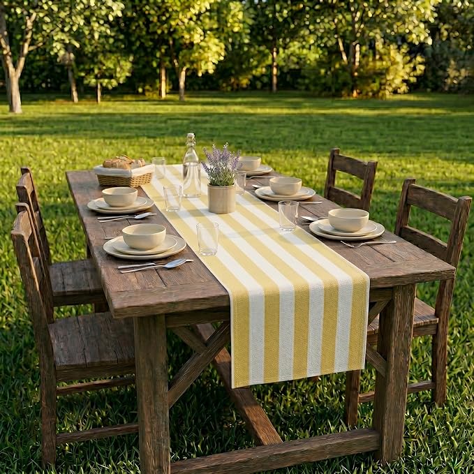 Folkulture Fall Table Runner 90 Inches Long | Yellow & White Striped | Table - Image 7