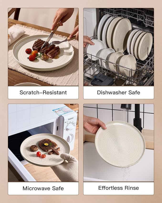 Stoneware Dinnerware Sets for 4, Reactive Glaze Plates & Bowls, Shell Beige | - Image 5
