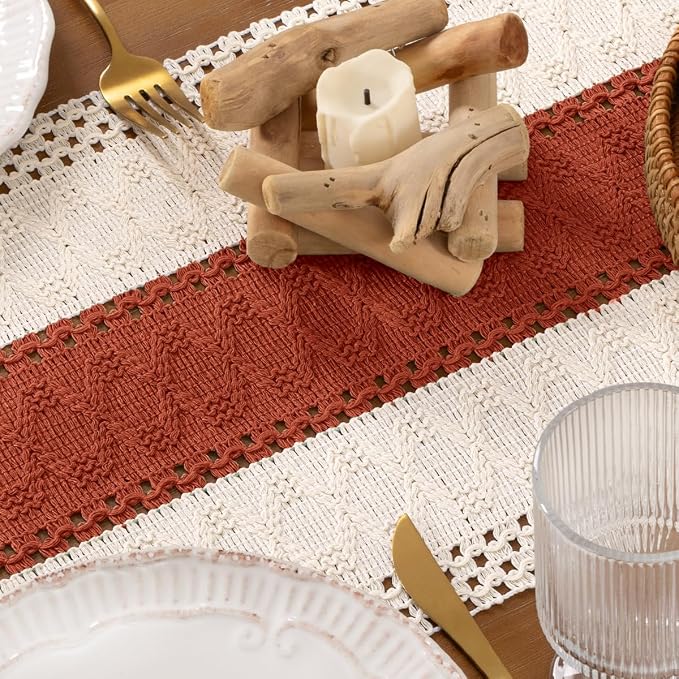 DeZerlor Boho Macrame Table Runner Terracotta Farmhouse Woven Small Table Runner - Image 6
