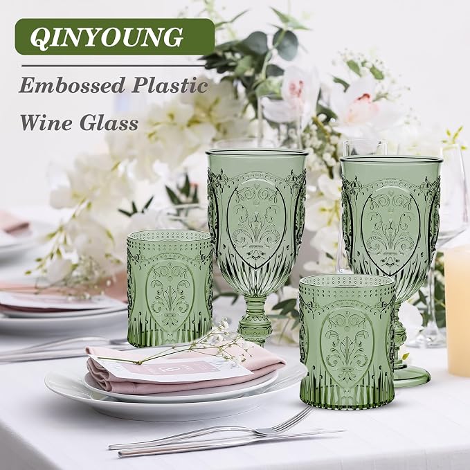Qinyoung 48 Plastic Vintage Drinking Glasses 8.5oz Stemless Retro Embossed Wine - Image 7