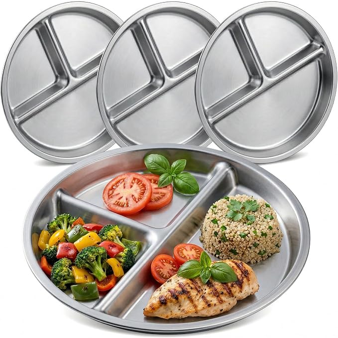 BEWBBAT 4 Pack 304 Stainless Steel Divided Plate, 8 Inch 3 Section Round by BEWBBAT