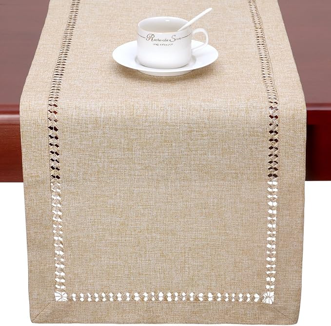 Grelucgo Handmade Hemstitch Beige Table Runner, Rectangular 14 by 90 Inch - Image 3
