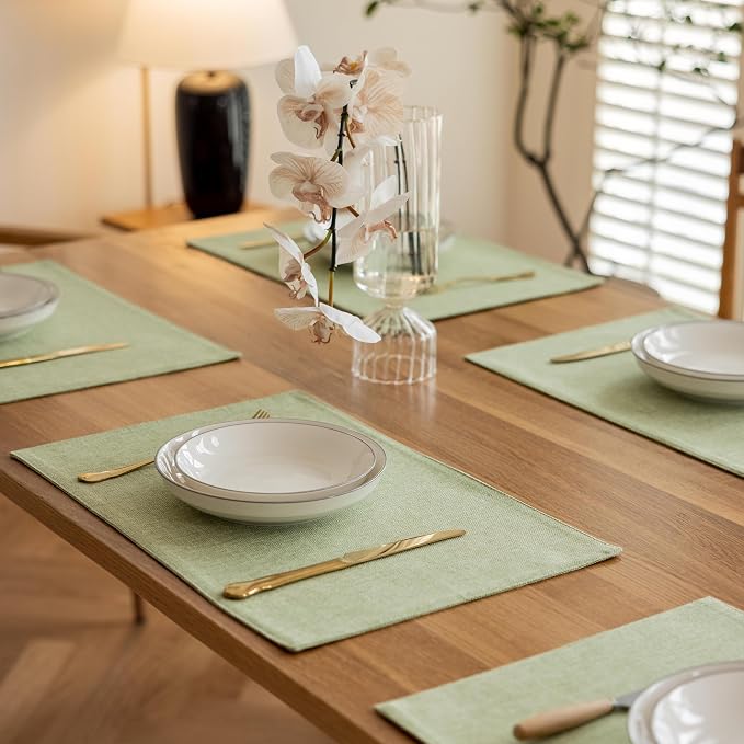 Demetex Green Placemat Set of 4 Washable Linen Textured Place Mats - Image 5